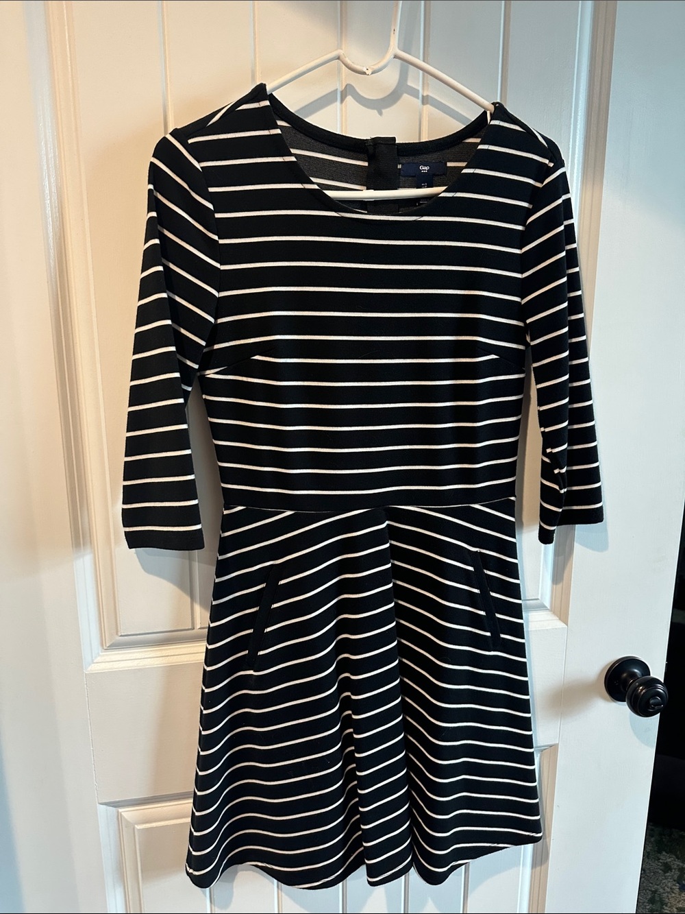 GAP Black and White Striped Long Sleeve Fit-and-Flare Dress